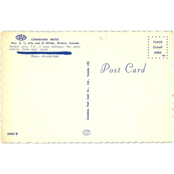 Canadiana Motel Hwy 2, 1/2 Mile East of Whitby Ontario Canada Postcard - Picture 2 of 2